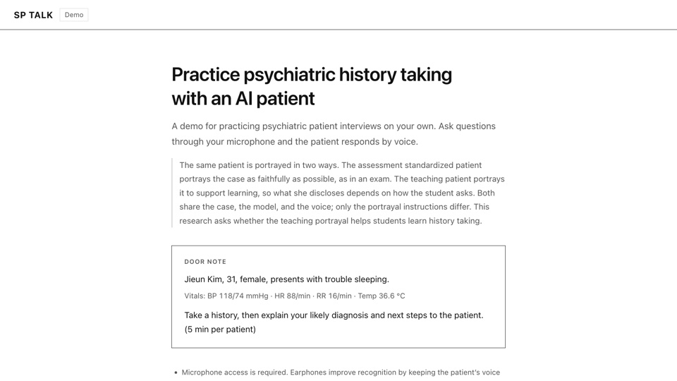 SP Talk: AI Virtual Patients for Psychiatric Interview Training